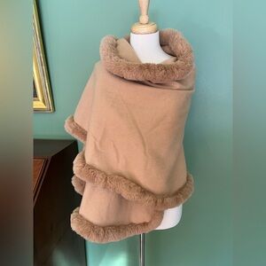 J. McLaughlin Camel Wool Cape with Faux Fur Trim